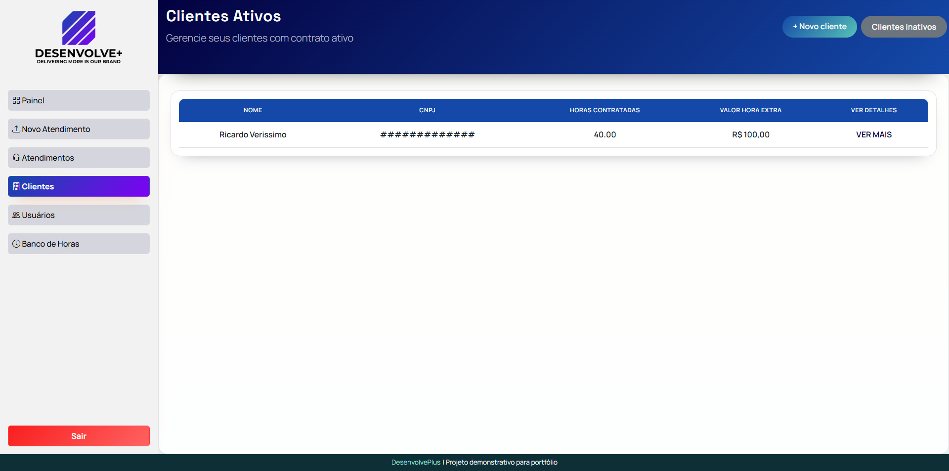 Tela do portal do cliente